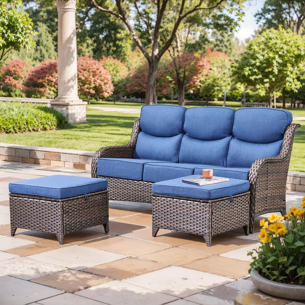 NovaSwivel Brown 3-Piece Wicker Outdoor Couch Patio Sectional Sofa with 6 in. Thick Blue Cushions and Ottomans price history on PriceWatchPro