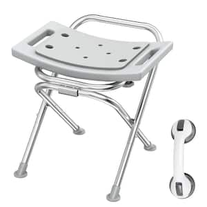 Folding Shower Chair Seat, Stainless Steel Small Portable Shower Stool in Gray with Grab Bar for Seniors and Disabled