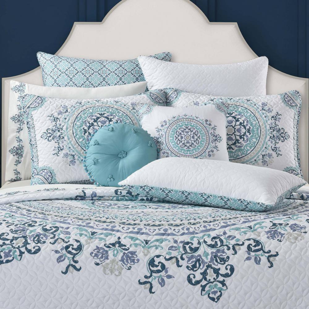Afton White and Blue Quilted Boudoir Throw Pillow