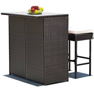 3-Piece Brown Wicker Outdoor Serving Bar Set with Beige Cushions