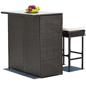 3-Piece Brown Wicker Outdoor Bar Set with Beige Cushions