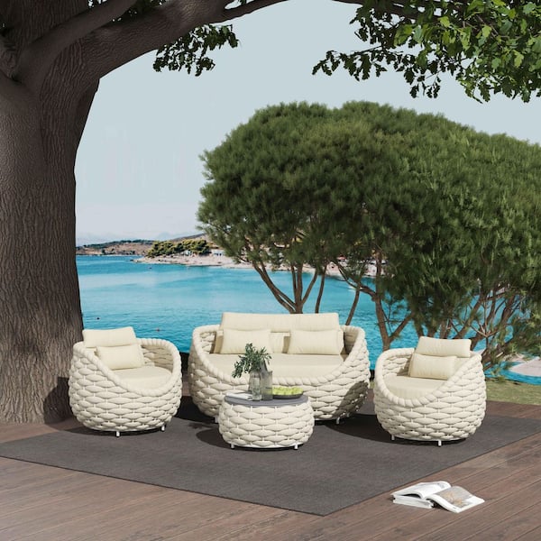 TWT Beige 4-Piece Patio Olefin Woven Rope Aluminum Conversation Set Outdoor Seating Sofa Set with Cream Cushions