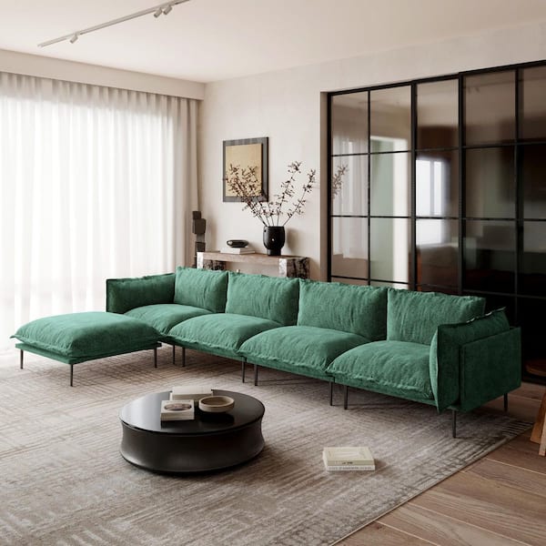 Modern 147 in. Tapered Arm Velvet Deep Seat L-Shaped Cloud Sofa with Ottoman with High Metal Legs in Green