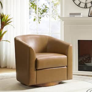 Meroy 30.5 in. Wide Camel Modern Swivel Barrel Faux Leather Chair with Solid Wood Base