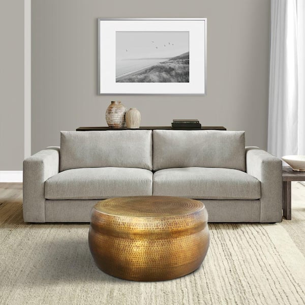 THE URBAN PORT 32 in. Antique Brass Round Drum Aluminum Metal Artisanal Coffee Table with Hammered Embossed Texturing