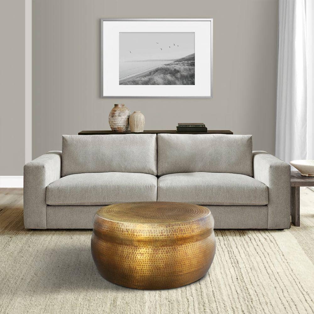 32" Artisanal Antique Brass Round Drum Coffee Table with Storage