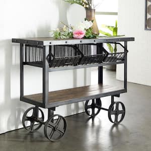48 in. Black Extra Large Rectangle Metal Industrial Rolling Cart 3 Basket Drawers Console Table