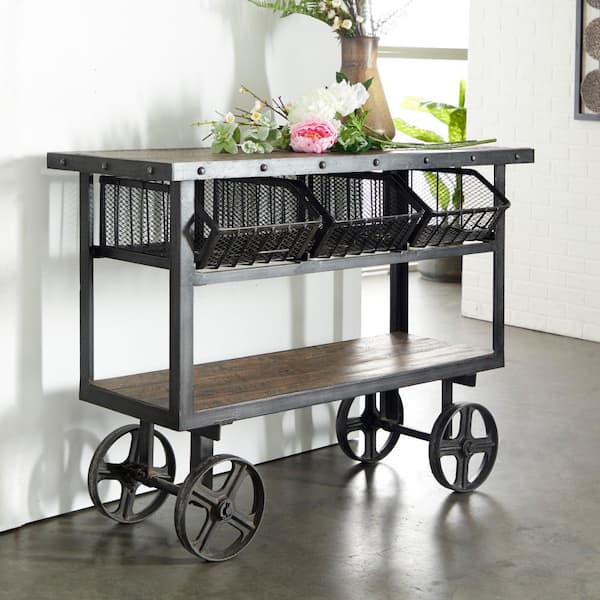 Litton Lane 48 in. Black Extra Large Rectangle Metal Industrial Rolling Cart 3 Basket Drawers Console Table