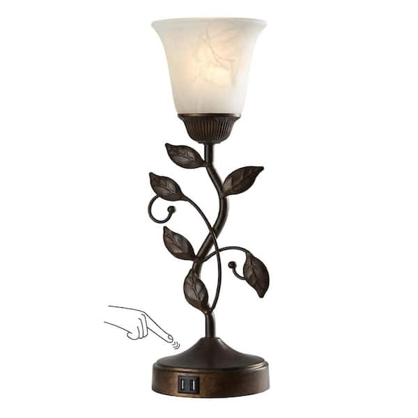 Vintage Leaf Touch Bedside Table Lamp with White Glass Shade, 3 Way Dimmable, Dual USB Ports, 18.5 in H