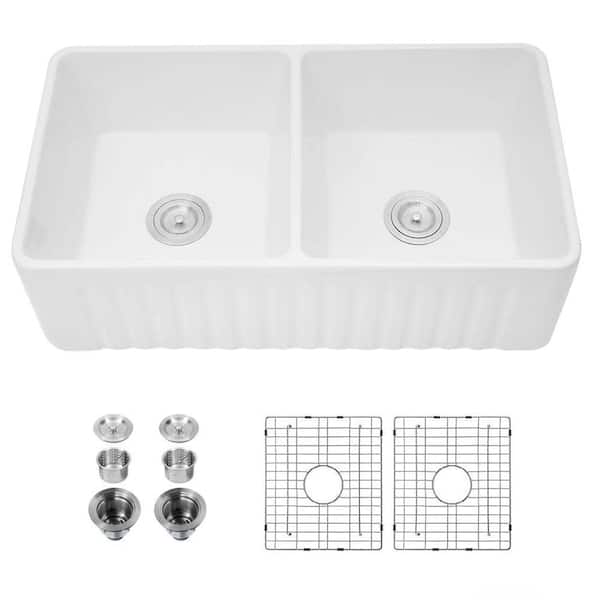 Unbranded White Ceramic 33 in. Double Bowl Farmhouse Apron Front Reversible Two-Side Kitchen Sink with Bottom Grids and Strainer