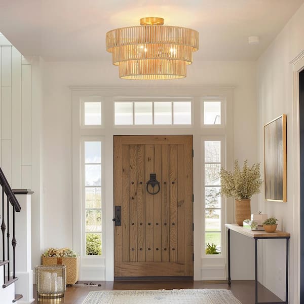 Piersan 18 in. 3-Light Tiered Rattan Semi-Flush Mount Ceiling Light