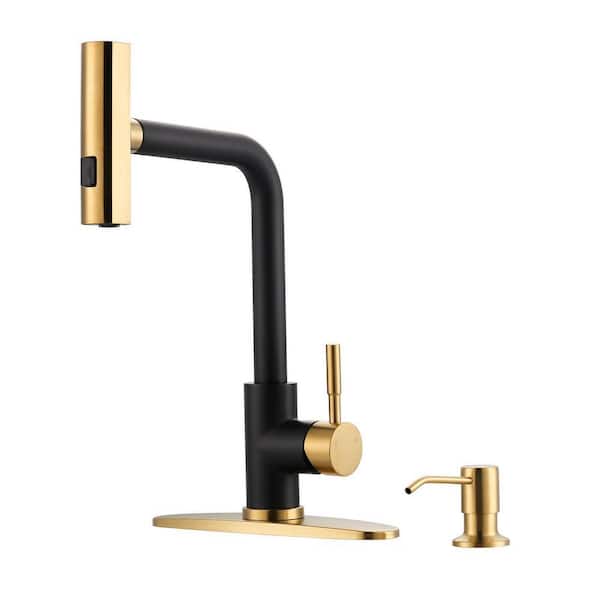 3 Modes Single Handle Waterfall Pull Down Sprayer Kitchen Faucet with Soap Dispenser in Black and Gold