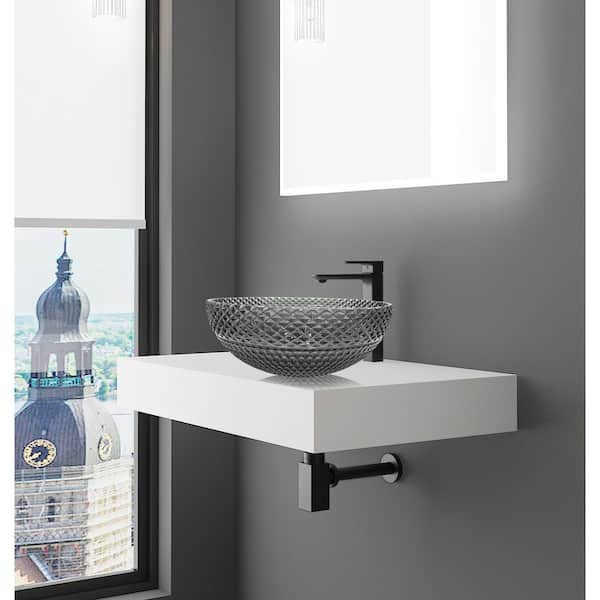 36 in. Wall Mounted Bathroom Countertop Shelf in White Solid Surface with Clear Round Glass Vessel Sink