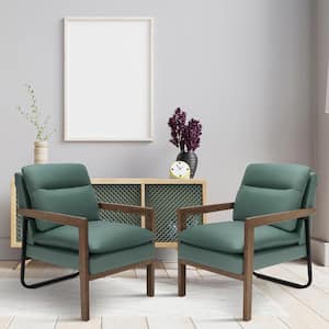 Modern Green Fabric Accent Armchair Lounge Chair with Wood Legs and Steel Bracket (Set of 2)