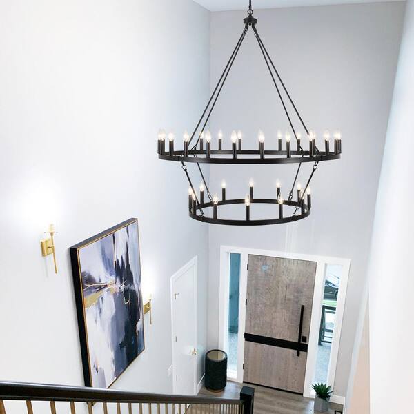 48-Inch 36-Light Wagon Wheel Chandelier – 2-Tier Farmhouse Pendant, Black, Adjustable Height, For High Ceilings