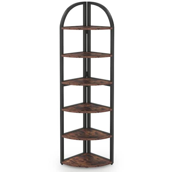 TRIBESIGNS WAY TO ORIGIN Kacie 71.6 in. Black Metal Frame and Rustic Brown Particleboard 6-Shelf Corner Standard Bookcase with Open Back
