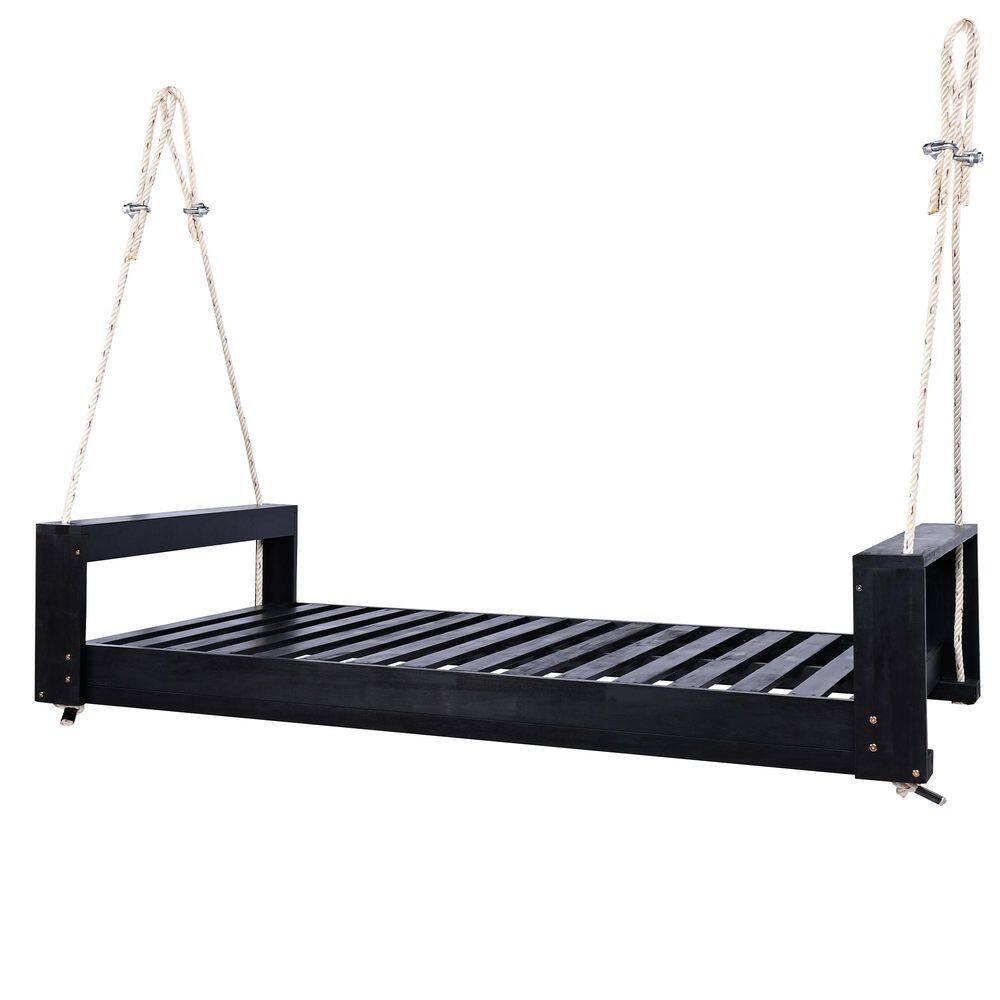 Minimalist Black Wood Patio Porch Swing with Hemp Ropes