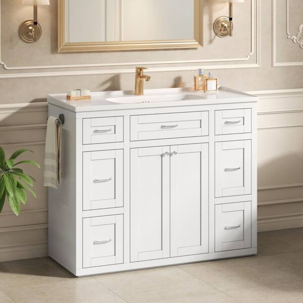 48" White Bathroom Vanity with Ceramic Sink, 6 Drawers, Soft-Close Doors, Reversible Side Towel Rack and Silver Handles
