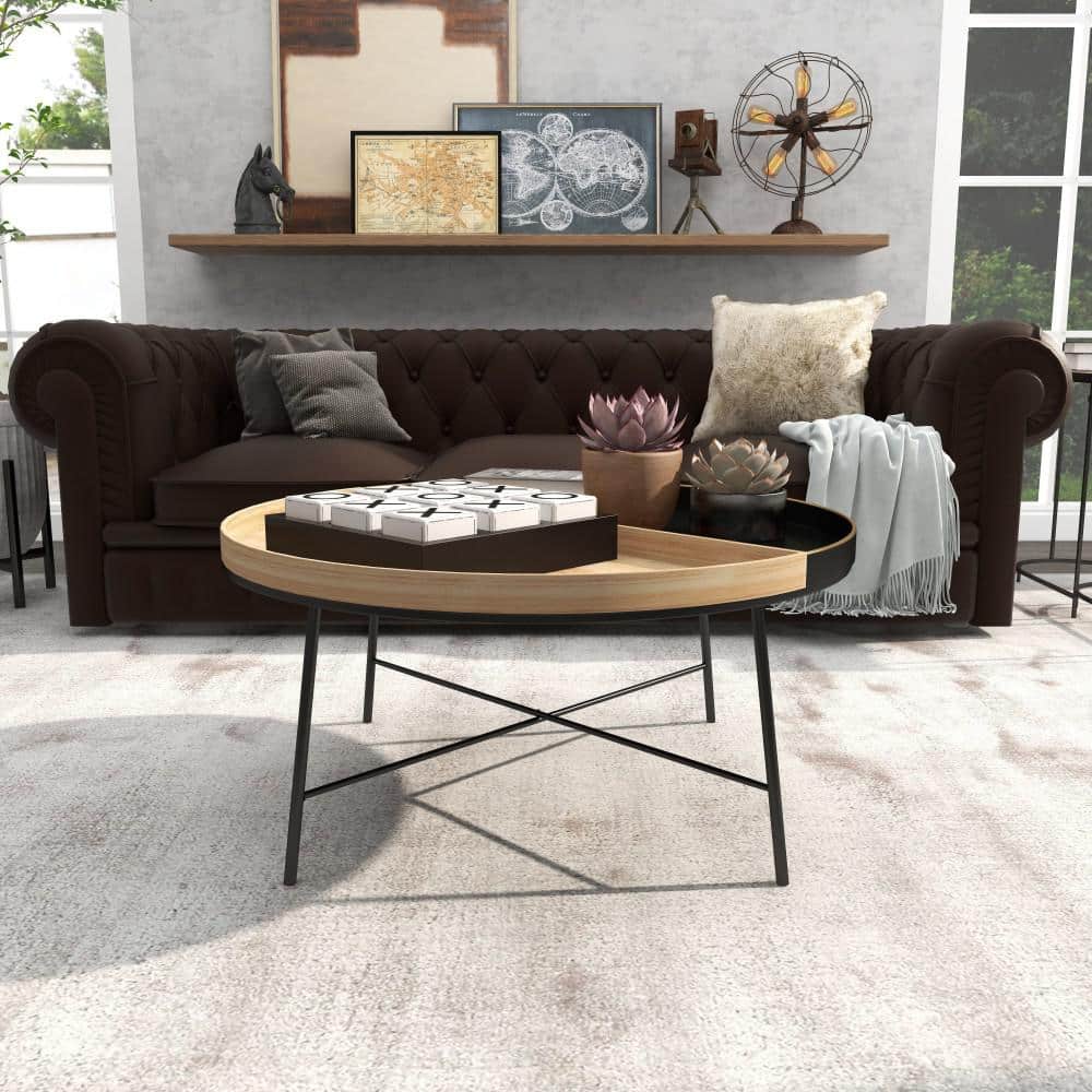 Modern Elegance Round 38" Wood & Black Metal Coffee Table