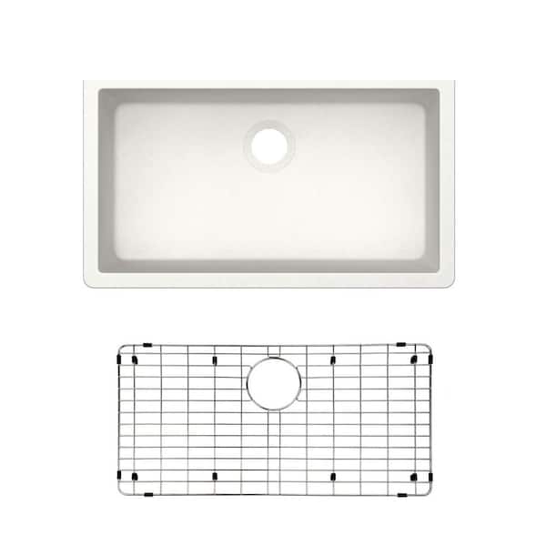 33 in. Undermount Single Bowl Quartz Kitchen Sink in White with Bottom Grid