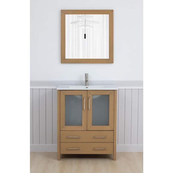 30 in. W x 18 in. D x 36 in. H Natural Oak Bath Vanity with White Ceramic Top and Mirror