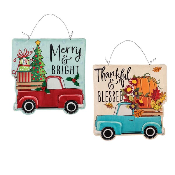 Evergreen Enterprises Thankful and Blessed Fall Truck/Christmas Truck Double Sided Estate Door Decor