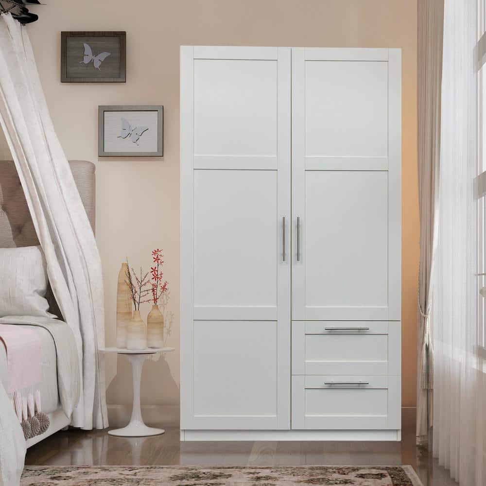 White Hinged 2-Door Wardrobe with Drawers and Shelves