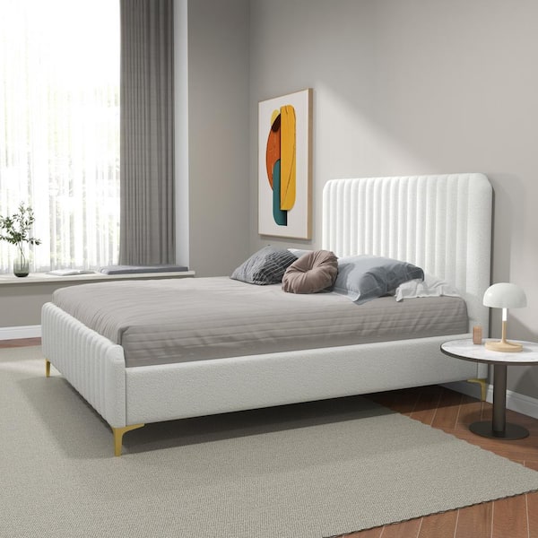 Angel White Cream Boucle Solid Wood Frame Queen Size Platform Bed