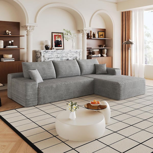 Modern 107 in. Square Arms 3-Seater Corduroy Modular Compressed Sectional Sofa with Chaise in Grey