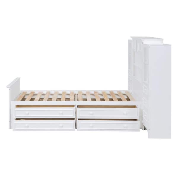 White Wood Frame Twin Size Platform Bed with All-in-One Cabinet, 12 Storage Compartments, 14 Drawers