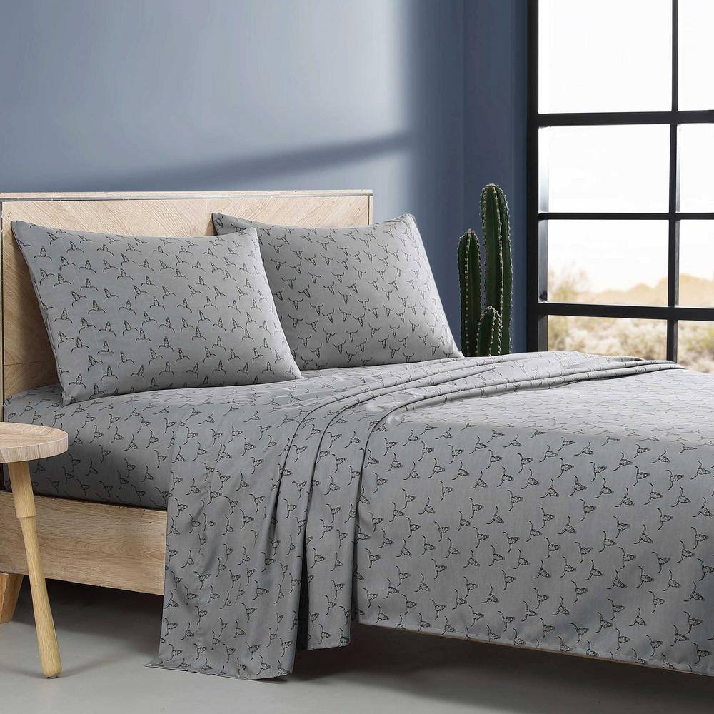 Gray Microfiber Queen Sheet Set with Steer Skull Print