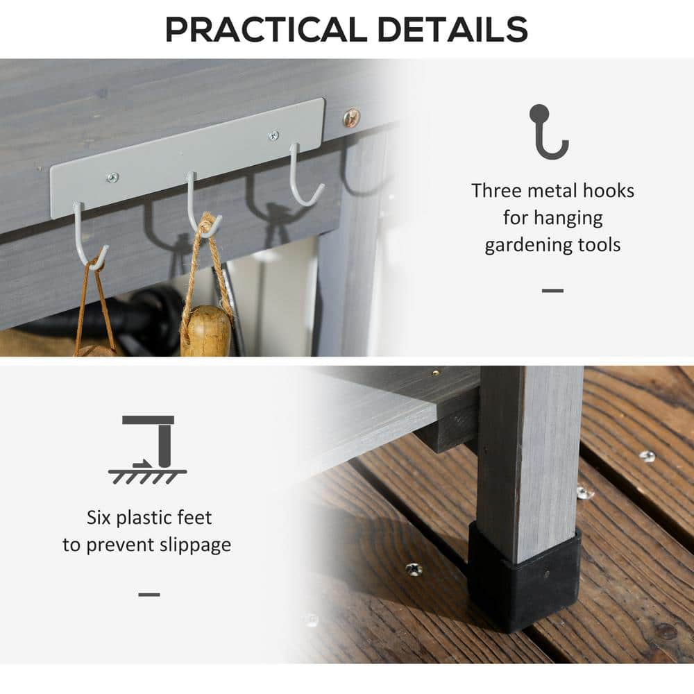 Gray Wooden Potting Bench Table with Sink and Shelves