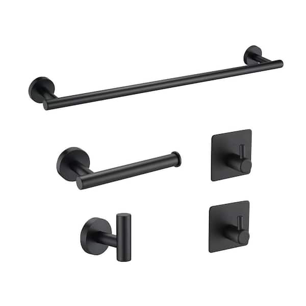 Matte Black Stainless Steel Bathroom Hardware Set Including 16 in. Hand Towel Bar; Toilet Paper Holder; Robe Towel Hooks