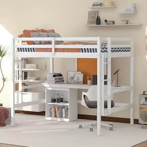 White Full Size Wood Loft Bed with Built-in Desk, Writing Board, 2 Drawers Cabinet, and 2 Ladders