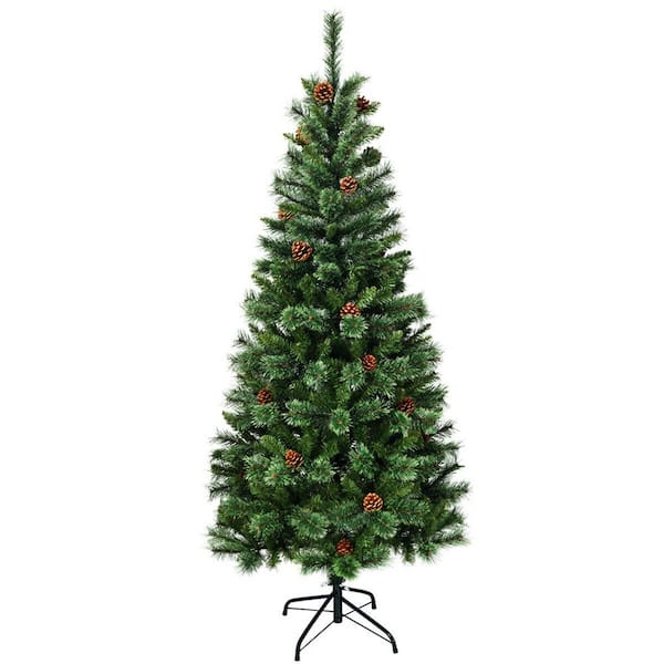 Gymax 7 ft. Artificial Christmas Tree Hinged Tree with Pine Cones Metal Stand
