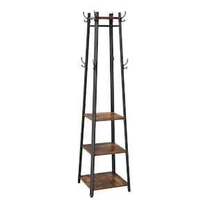 Brown and Black Metal Framed Ladder Style Coat Rack with Three Wooden Shelves