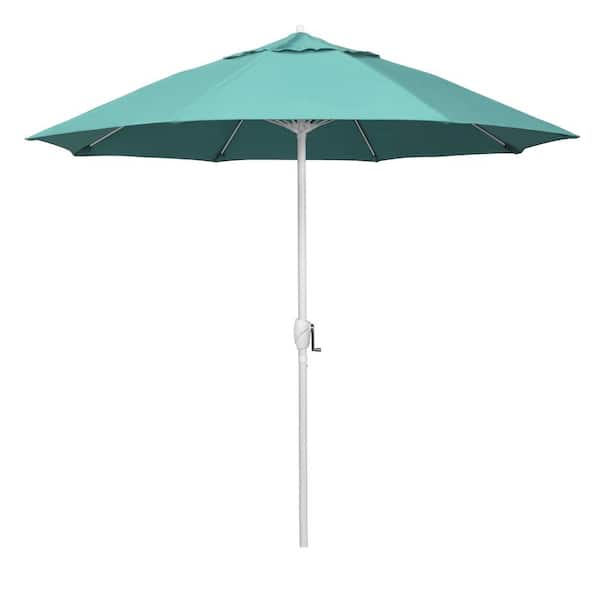 California Umbrella 9 ft. Matted White Aluminum Market Patio Umbrella Fiberglass Ribs and Auto Tilt in Aruba Sunbrella