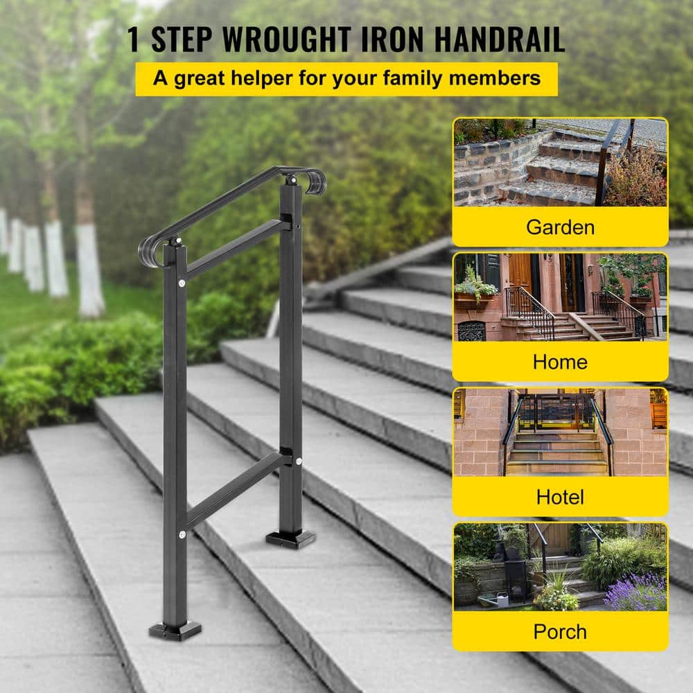 Adjustable Black Wrought Iron Handrail for 1-2 Steps