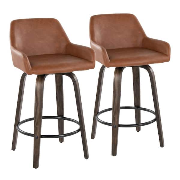 Daniella 25.5 in. Camel Faux Leather, Walnut Glazed Wood and Black Metal Fixed-Height Counter Stool (Set of 2)