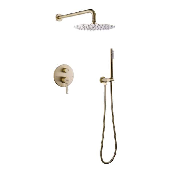 IHOMEadore 1-Spray Patterns with 1.8 GPM 10 in. Wall Mount Dual Shower Heads with Handheld Shower Head Set in Brushed Gold