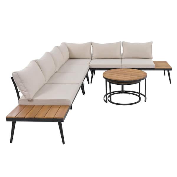 Unbranded 6-Piece Metal Outdoor Sectional Sofa Set with Round Nesting Coffee Tables and Seating Sofa with Beige Cushions
