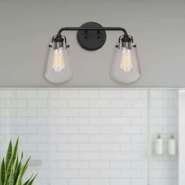 Elliott 16 in. 2-Light Matte Black Industrial Wall Sconce with Clear Glass Shades