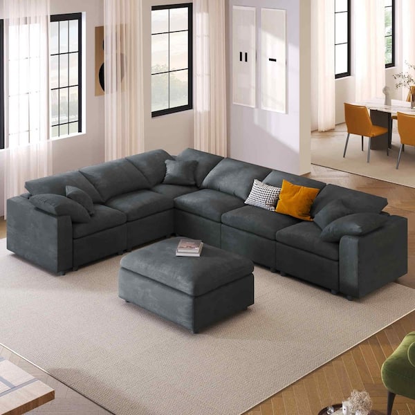 Oversized 124.8 in. Square Arm Chenille Modular Sectional Sofa in Gray with Movable Ottoman