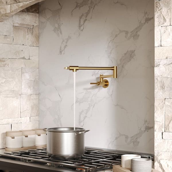 25in. Wall‑Mounted Pot Filler Kitchen Faucet with Dual Handles, 360° Swivel Foldable Spout in Brushed  Gold