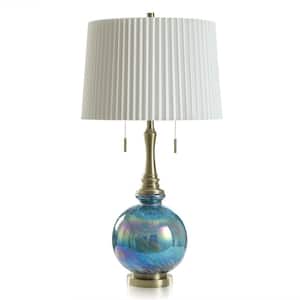 34.25 in. Iridescent Blue, Aged Brass, Off-White Globe Task & Reading Table Lamp for Living Room with White Cotton Shade