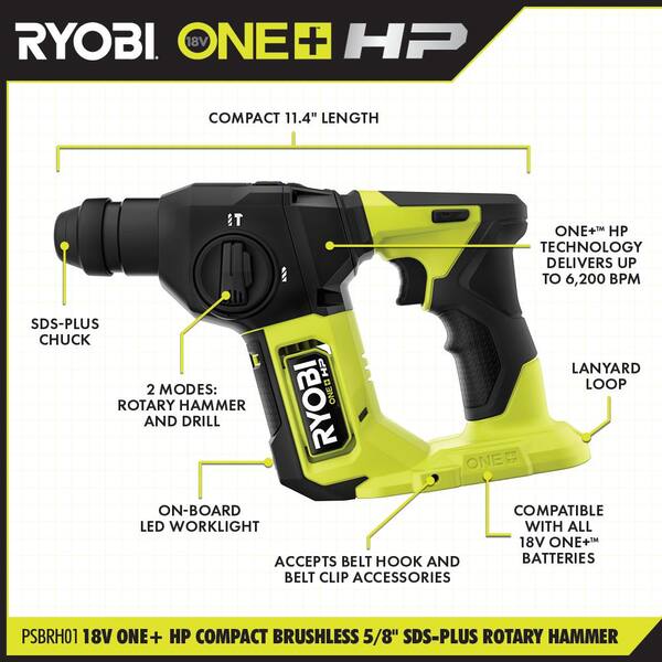 Ryobi ONE+ HP 18V Brushless Cordless Compact 5/8 in. SDS Rotary Hammer with 2.0 Ah Battery and Charger