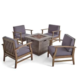 Havana Grey 5-Piece Wood Patio Fire Pit Seating Set with Grey Cushions