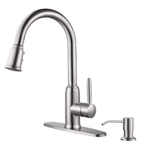 Single Handle Pull Out Sprayer Kitchen Faucet Deckplate Included with Soap Dispenser in Brushed Nickel