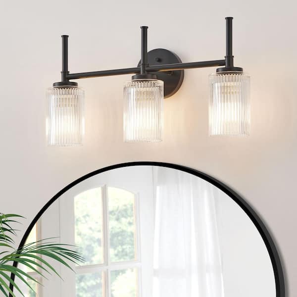 KAWOTI 22 in. 3-Light Black Vanity Light with Clear Ribbed Glass Shades and Decorative Tube