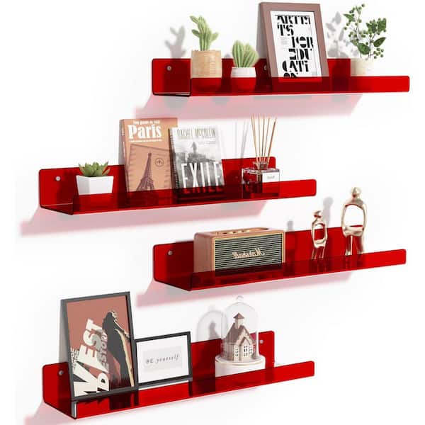 4 in. x 15 in. x 2in. Red Floating Shelf Decorative Wall Shelf Set of 4